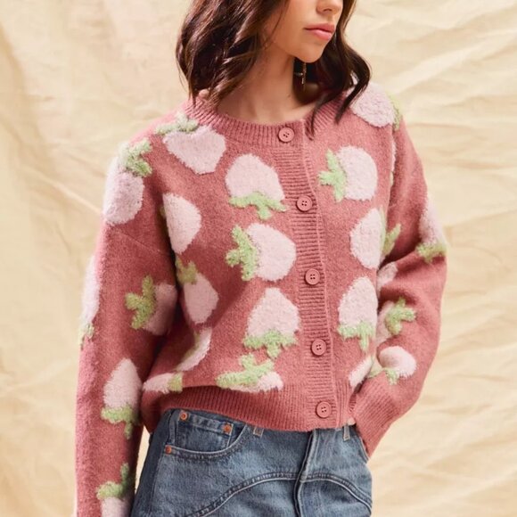 SO ME Strawberry Fruit All Over Button Sweater Cardigan - Picture 7 of 16